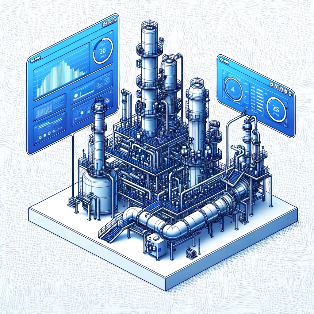 DALL·E 2023-10-06 11.59.03 - Illustration of a tight focus on a singular equipment piece in the refinery, showcasing its intricate design and function. Royal Blue details provide 